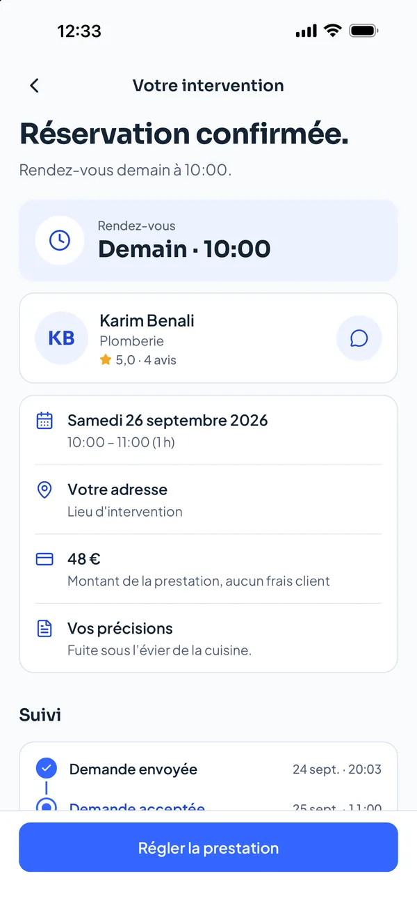 Réservation confirmée avec un plombier : rendez-vous demain à 10 h, 48 euros, aucun frais client, bouton Régler la prestation.