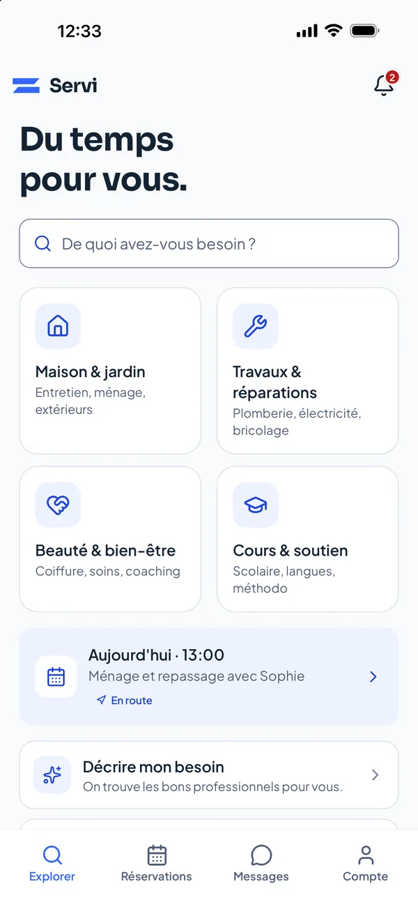 Écran d’accueil de Servi : recherche et quatre familles de services, Maison et jardin, Travaux et réparations, Beauté et bien-être, Cours et soutien.