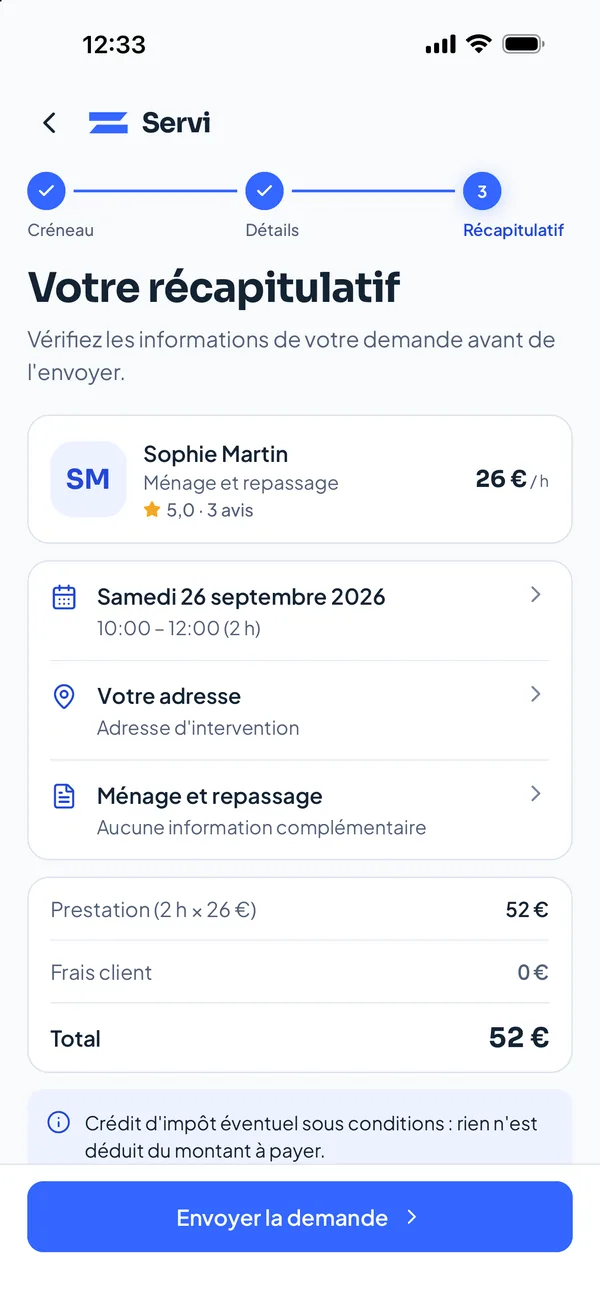 Récapitulatif d’une demande : 2 heures à 26 euros, frais client 0 euro, total 52 euros, bouton Envoyer la demande.